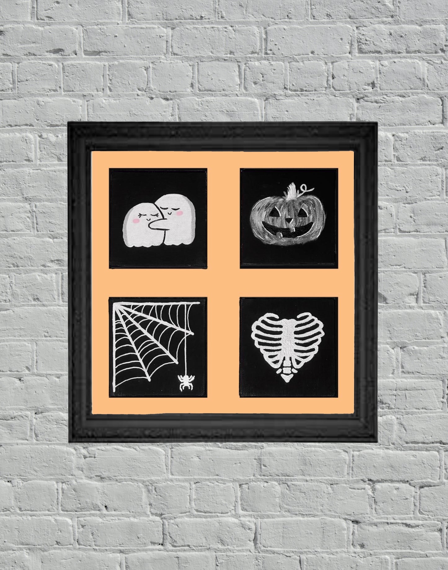4x4 Halloween Acrylic Paint Art Print - Ghosts in Love Skeleton Heart, Spiderweb, Pumpkin